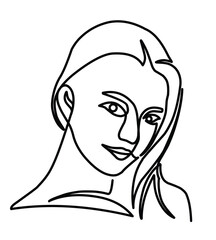 Woman head vector lineart illustration. Continous Line style drawing. Woman Line Art Minimalist Logo.