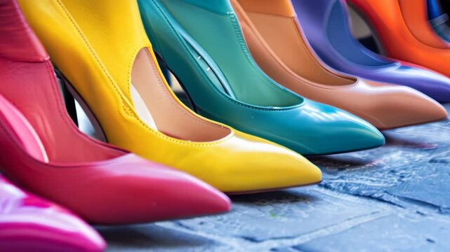 Row of elegant high-heeled shoes in various colors on display