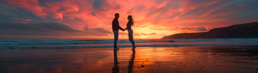 Fototapeta premium Couple Practicing Partner Acrobatics on Sandy Beach at Sunset.