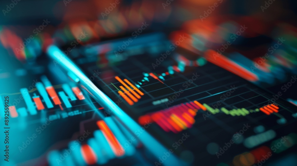 Poster A smartphone screen displaying real-time stock market bar graphs and charts