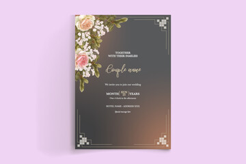 WEDDING INVITATION FRAME WITH FLOWER DECORATIONS AND FRESH LEAVES