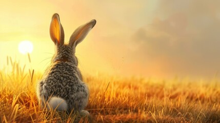 A sad rabbit sitting alone in a field, its ears drooping with loneliness.