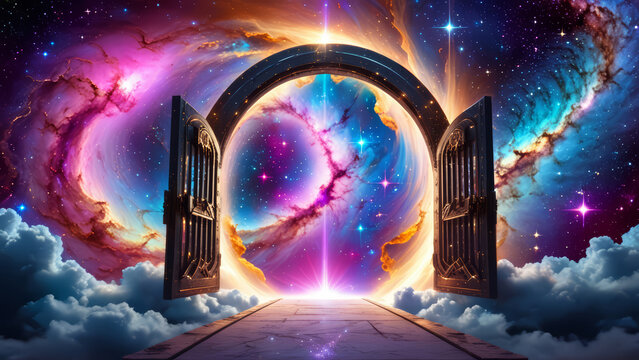 Cosmic galaxy portal, gate to dreamy universe. Glowing light, star nebula, bright purple and blue cosmic sky Magic astral travel Fantasy illustration