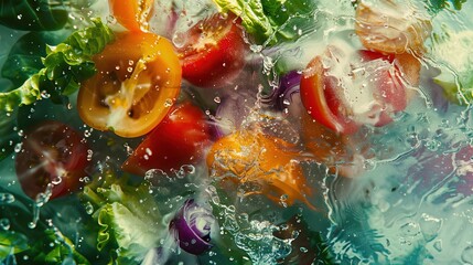 Vibrant vegetables splashing in water, showcasing freshness and vitality. Ideal for health and culinary related themes.