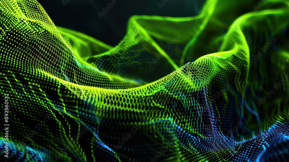 Fototapete Dynamic mesh of lime green and royal blue threads against a dark backdrop, perfect for vibrant and striking text overlays