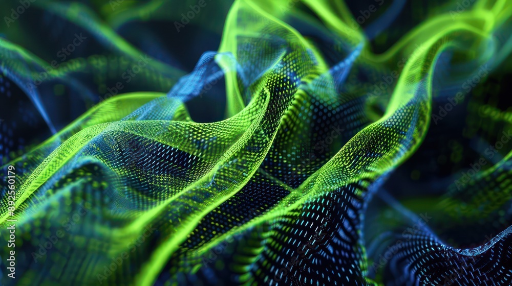Fototapete Dynamic mesh of lime green and royal blue threads against a dark backdrop, perfect for vibrant and striking text overlays