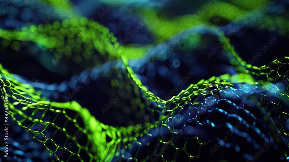 Fototapete dynamic mesh of lime green and royal blue threads against a dark backdrop, perfect for vibrant and s