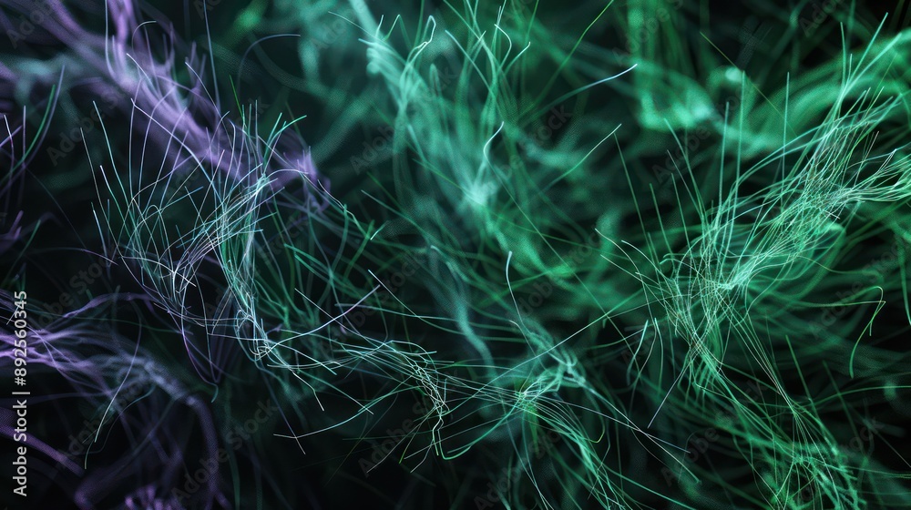 Poster dynamic pattern of emerald green and soft lavender fibers on a black backdrop, creating a rich and i