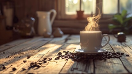 A steaming cup of freshly brewed coffee on a rustic wooden table, surrounded by coffee beans and a cozy atmosphere