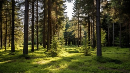 Obraz premium Peaceful woodland with mature spruce, fir, and pine trees, green foliage, natural light