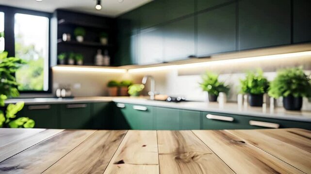  Wood Table top on blur Kitchen counter room background. slow moving video.