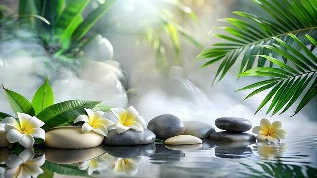 Spa background stones , flowers , water and steam. Relaxation and meditation concept, slow moving video.