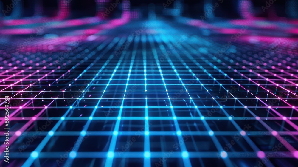 Fototapete Glowing lattice of cyan and magenta lines on a matte black canvas, suitable for modern and vibrant text placement