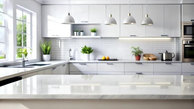  White glossy table top on blur kitchen counter room background .slow moving video.