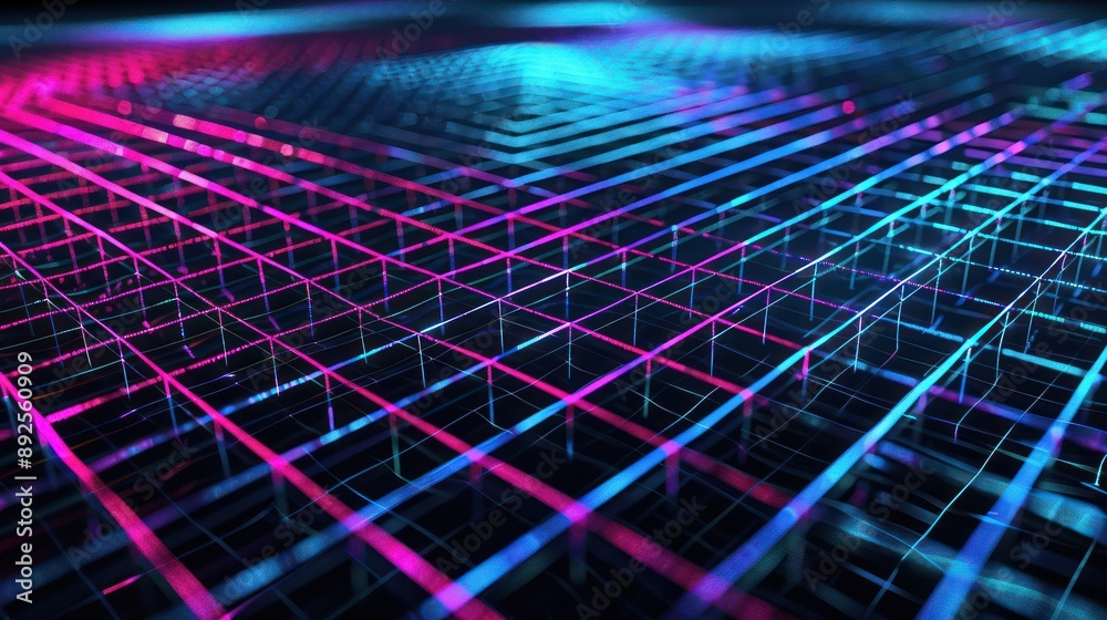 Fototapete Glowing lattice of cyan and magenta lines on a matte black canvas, suitable for modern and vibrant text placement