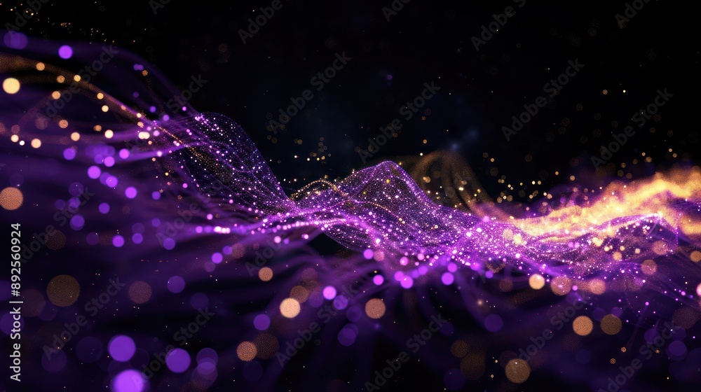 Fototapete Glowing lattice of violet and soft yellow fibers against a cosmic black sky, offering a mystical feel suitable for text integration