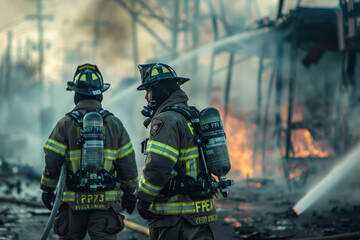 Fototapeta premium Firefighters Responding to Electricity Transformer Explosion Damage.