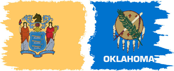 Oklahoma and New Jersey states grunge brush flags connection, vector