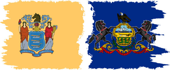 Pennsylvania and New Jersey states grunge brush flags connection, vector