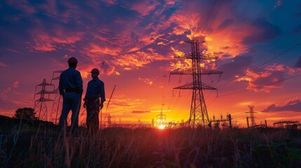Obraz premium Silhouetted Engineers at Sunset with Power Lines