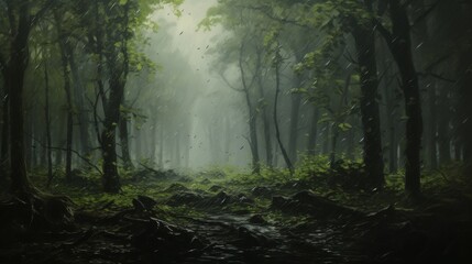 Fototapeta premium Rain and windstorm in a dense forest, trees bending and leaves flying