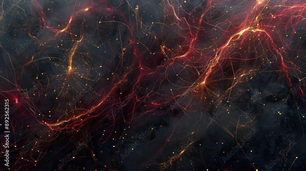 Fototapete Luminous network of crimson and gold threads weaving through a dark grey canvas, ideal for elegant and striking text displays