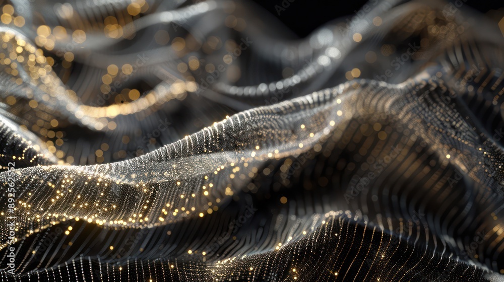 Fototapete Luminous network of gold and silver threads, weaving through a black canvas, creating a luxurious space for sophisticated text