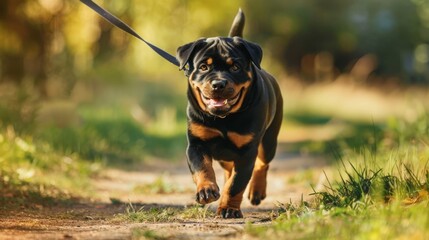 A strong-willed rottweiler pulling on a leash during a walk, demonstrating its stubbornness