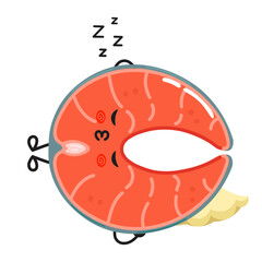 Red fish salmon sleeping character. Vector hand drawn cartoon kawaii character illustration icon. Isolated on white background. Red fish salmon sleep character concept