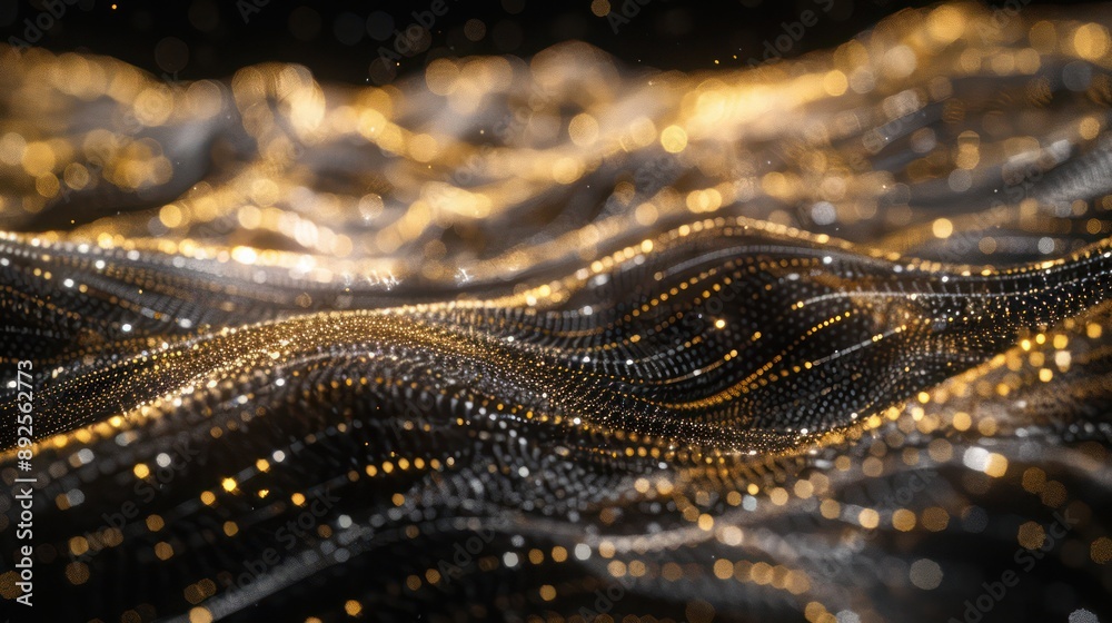 Fototapete Luminous network of gold and silver threads, weaving through a black canvas, creating a luxurious space for sophisticated text