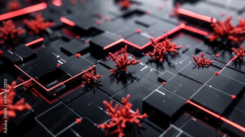 Fototapete Neon coral and dark grey plexus forming a sleek and modern matrix on a black background, perfect for text integration