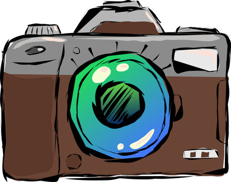 Old retno photo camera is brown with an aluminum finial. Vector illustration camera full-face view with large colored glass of blue-green color. The drawing is made in the sketch style of strokes.