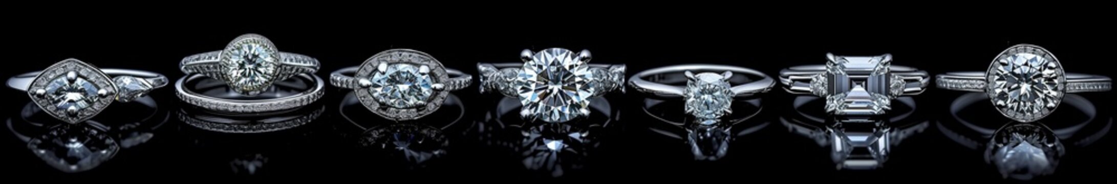 A photograph of a collection of white gold diamond rings with different shapes and sizes