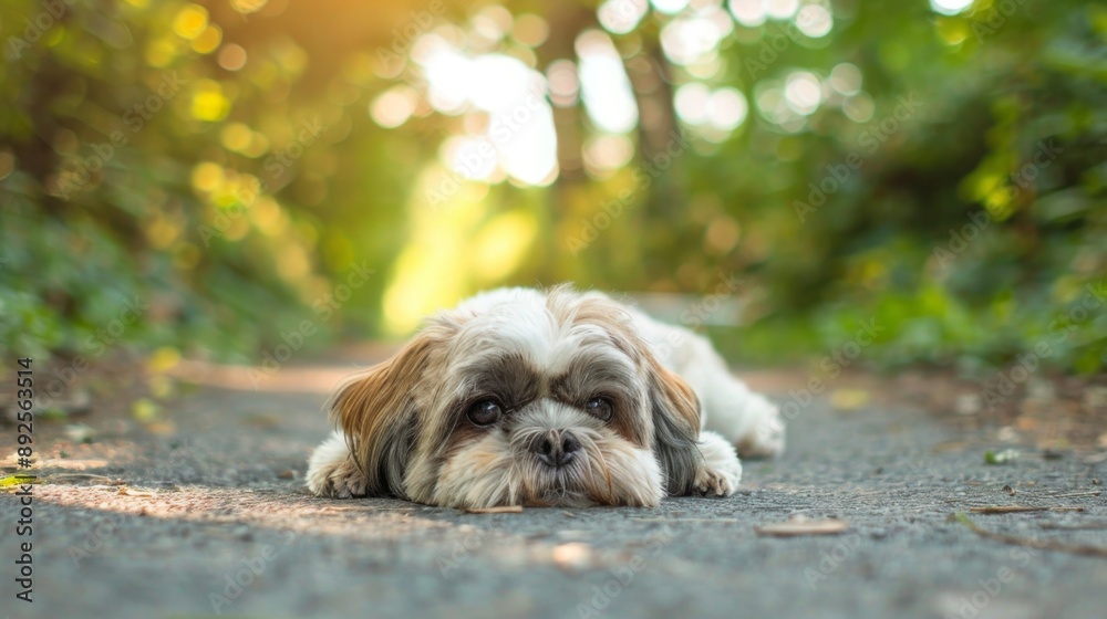 Fototapete a stubborn shih tzu puppy refusing to move, lying down in the middle of a park path