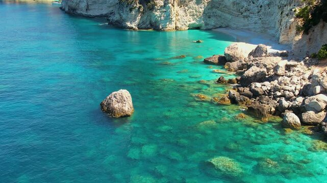 Aerial video of the paradise beach of Afales in Ithaca, the beautiful  Ionian island of Greece.