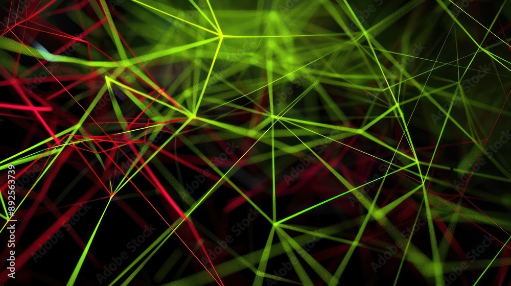 Fototapete Vibrant mesh of lime green and deep red lines weaving through a black backdrop, designed for bold and impactful text displays