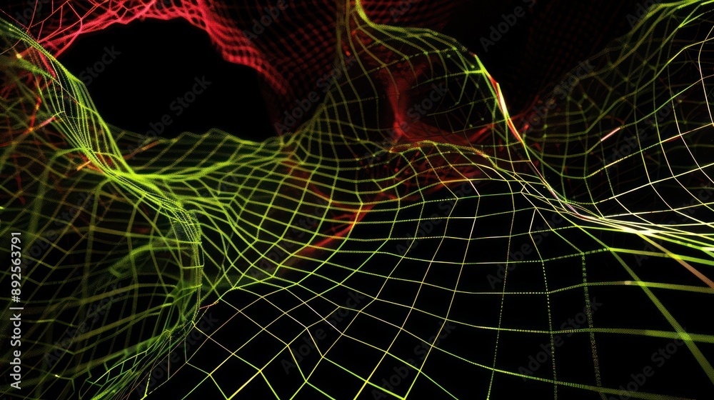 Fototapete Vibrant mesh of lime green and deep red lines weaving through a black backdrop, designed for bold and impactful text displays