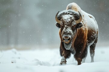 Pristine Bison snow winter forest. Animal park. Generate Ai