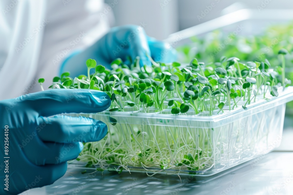 Poster Scientist examining green sprouts in a clear container Isolated on white background