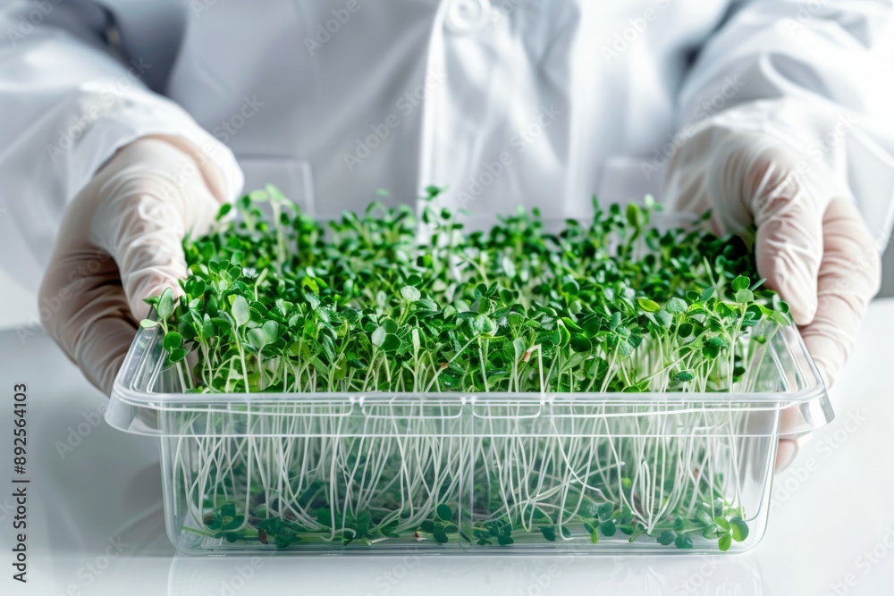 Poster Scientist examining green sprouts in a clear container Isolated on white background