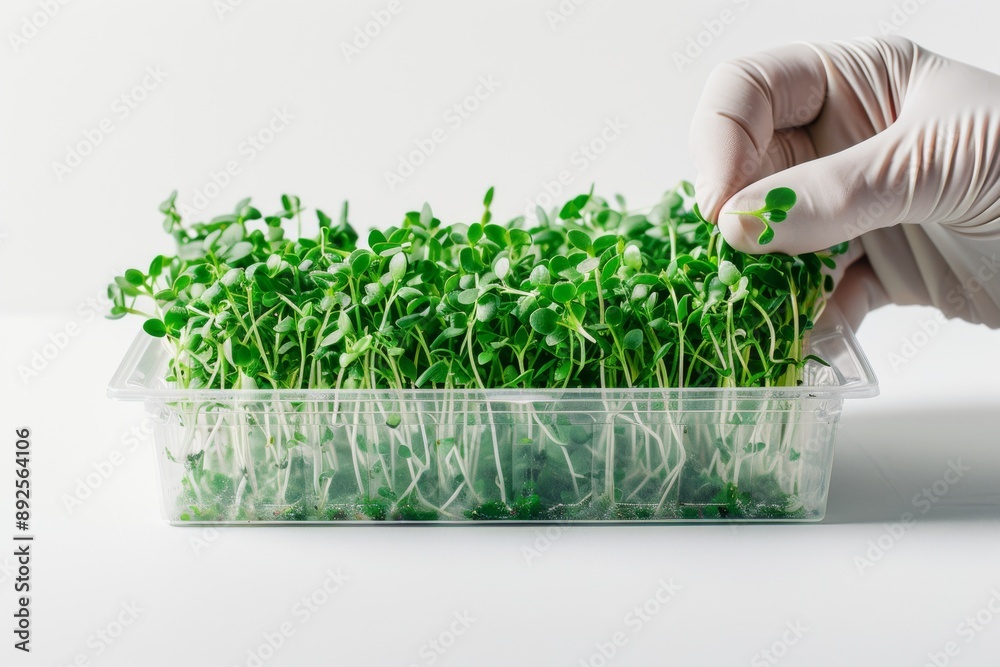 Poster Scientist examining green sprouts in a clear container Isolated on white background