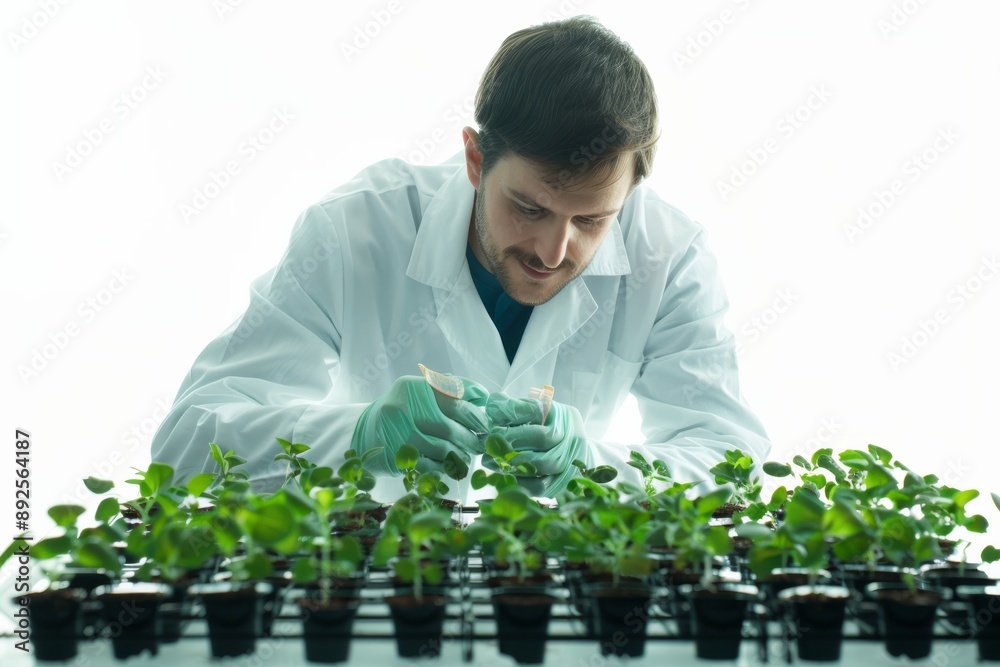 Aufkleber Scientist investigating seedlings in a laboratory container Isolated on white background