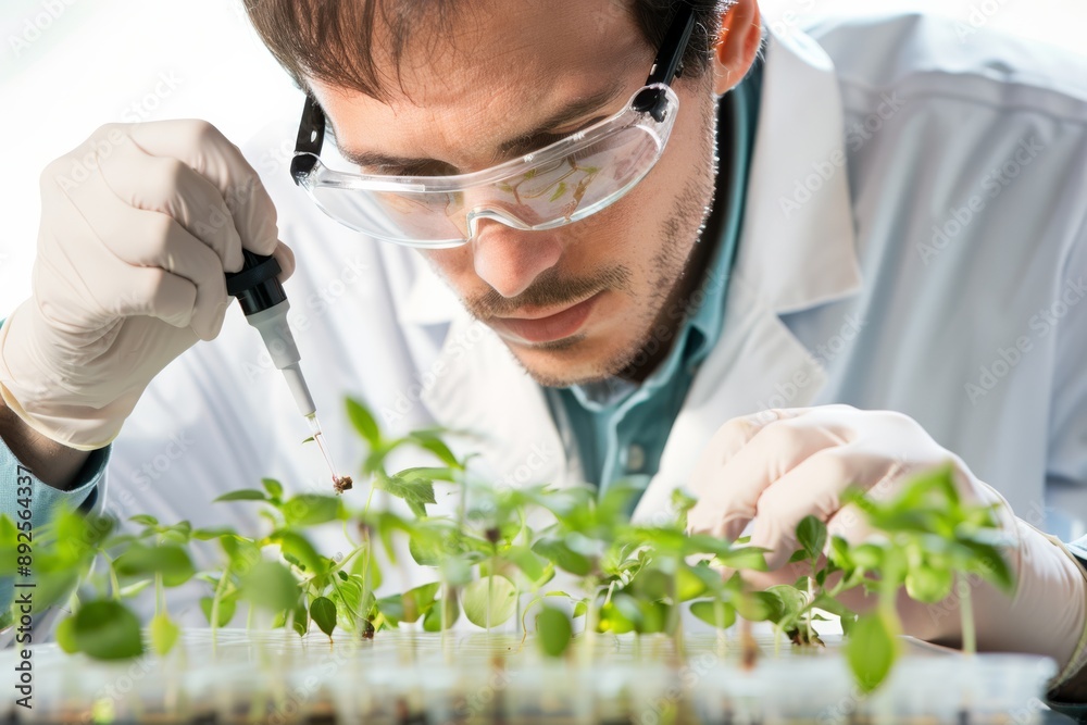 Poster Scientist studying seedlings in a lab container Isolated on white background