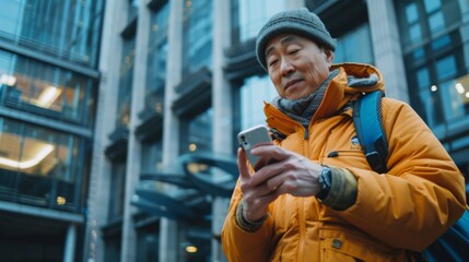 Obraz premium Elderly Man Using Smartphone Outdoors