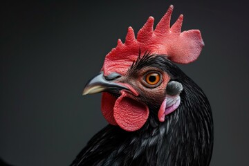Alluring Black chicken head closeup. Domestic bird portrait. Generate Ai