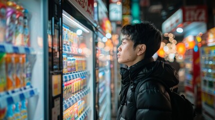 Obraz premium Man Shopping at Vending Machine at Night
