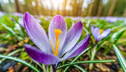 Busy bee inside of lilac crocus flower in blossom close-up. sun after a rain; springtime