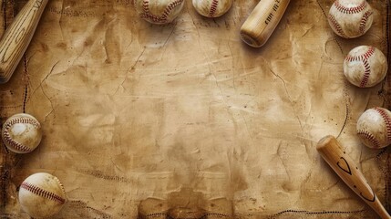 Vintage baseball background with space for text and sports equipment balls