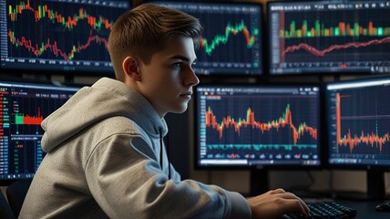 Trader analyst looking at computer monitor, investor broker analyzing indexes, financial chart trading online investment data on cryptocurrency stock market graph on pc screen.