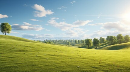 Obraz premium Serene grassy meadow with a distant tree line and soft sunlight